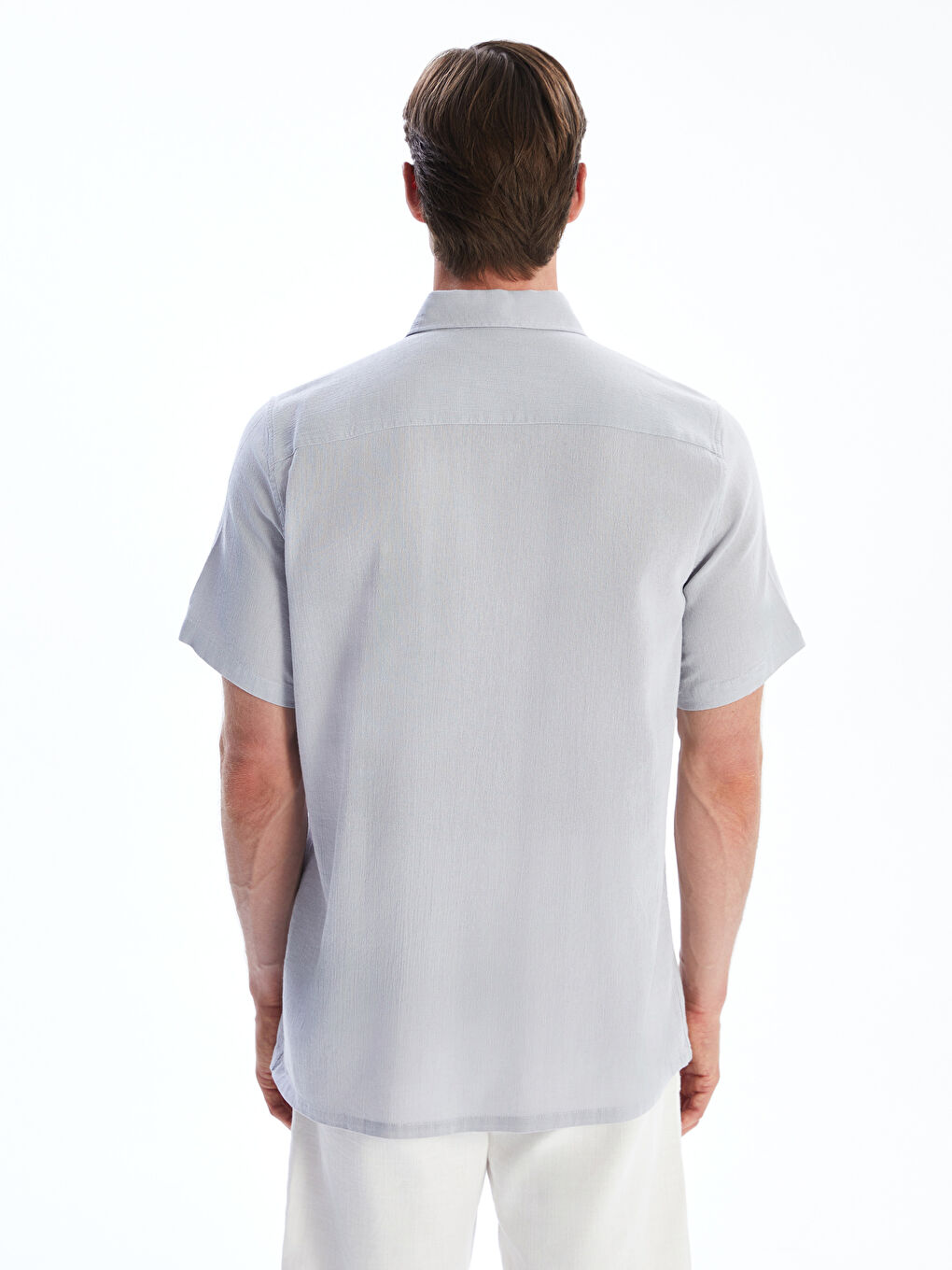 Gri Regular Fit Kısa Kollu Keten Görünümlü Erkek Gömlek-3