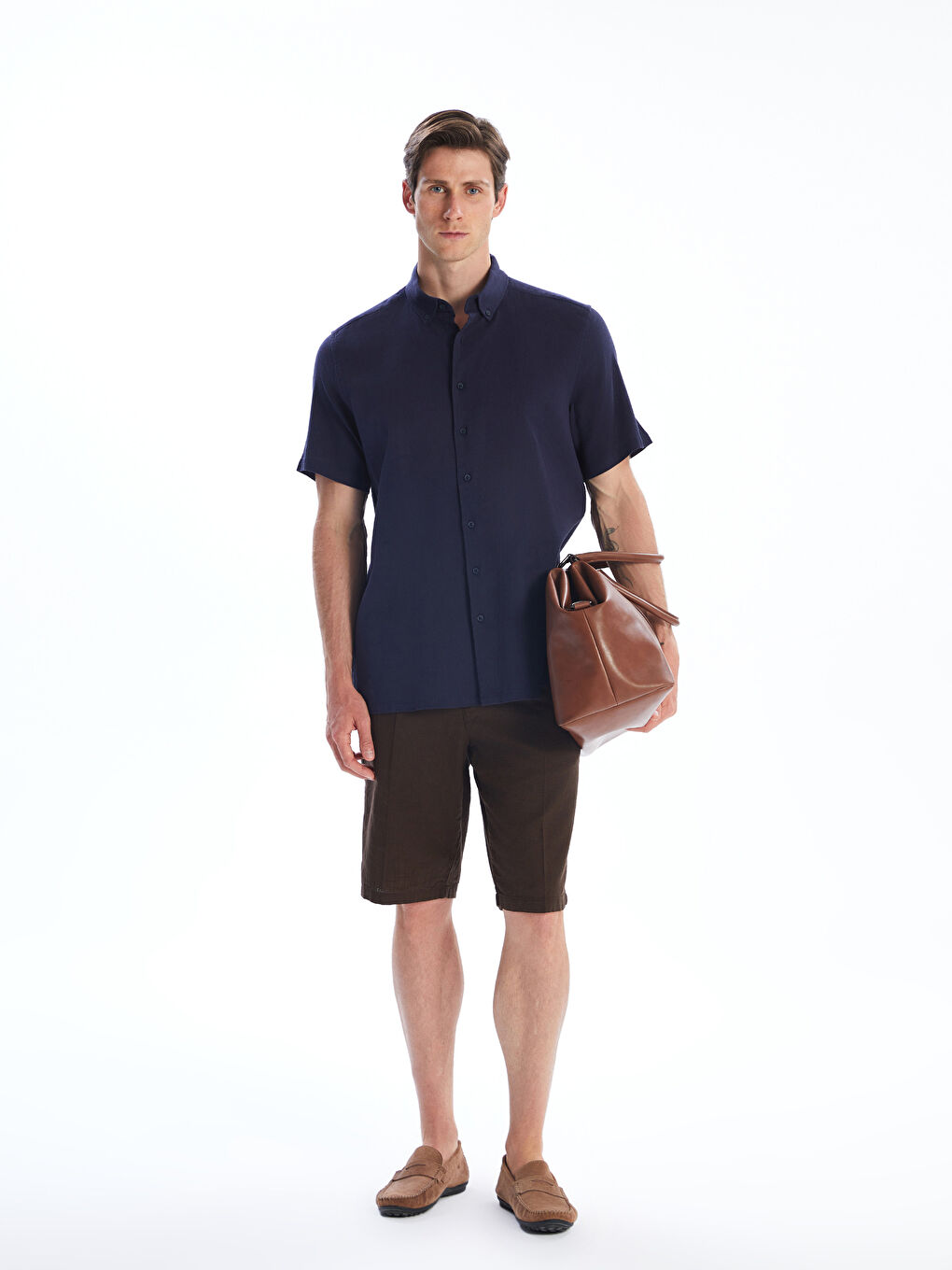 Lacivert Regular Fit Kısa Kollu Keten Görünümlü Erkek Gömlek-1