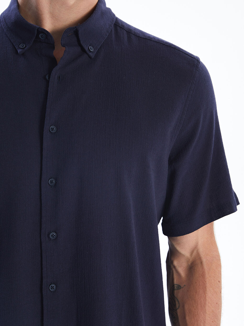 Lacivert Regular Fit Kısa Kollu Keten Görünümlü Erkek Gömlek-2