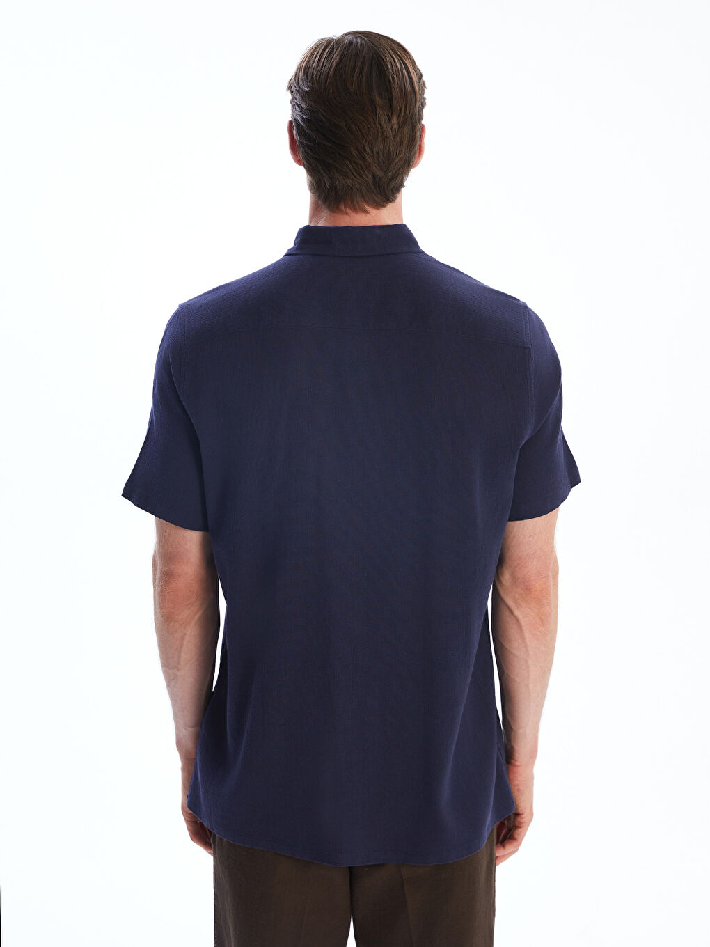 Lacivert Regular Fit Kısa Kollu Keten Görünümlü Erkek Gömlek-3