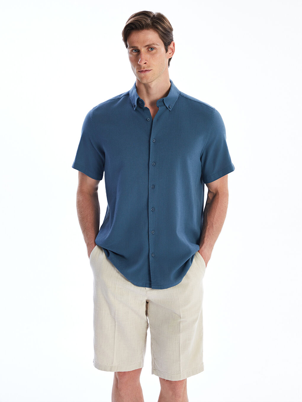 قميص عادي كم قصير لمسة كتان للرجال