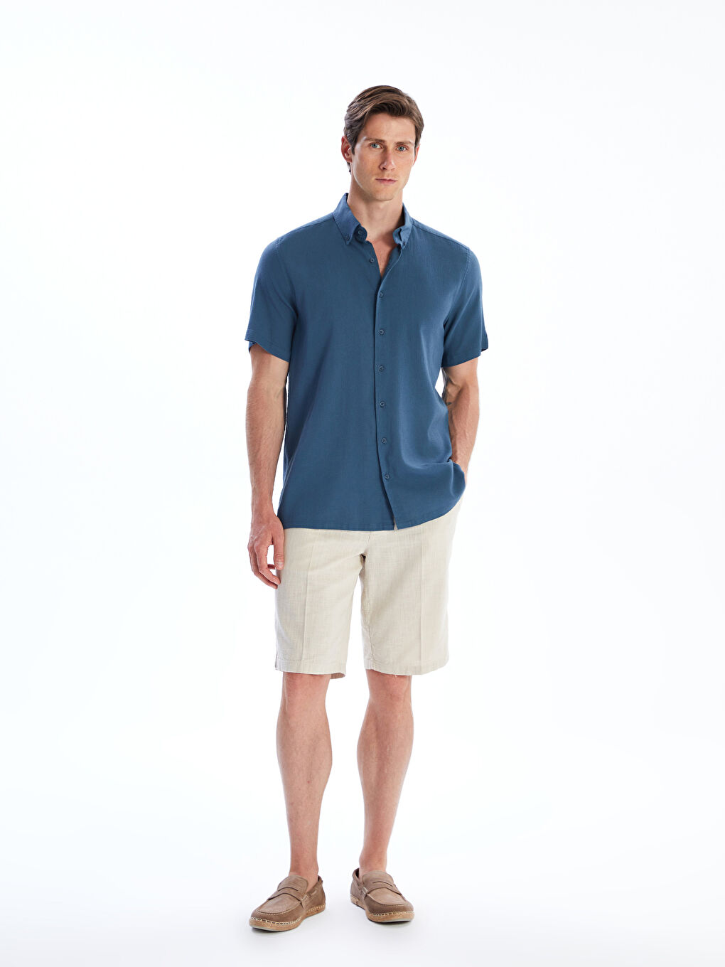 قميص عادي كم قصير لمسة كتان للرجال-1