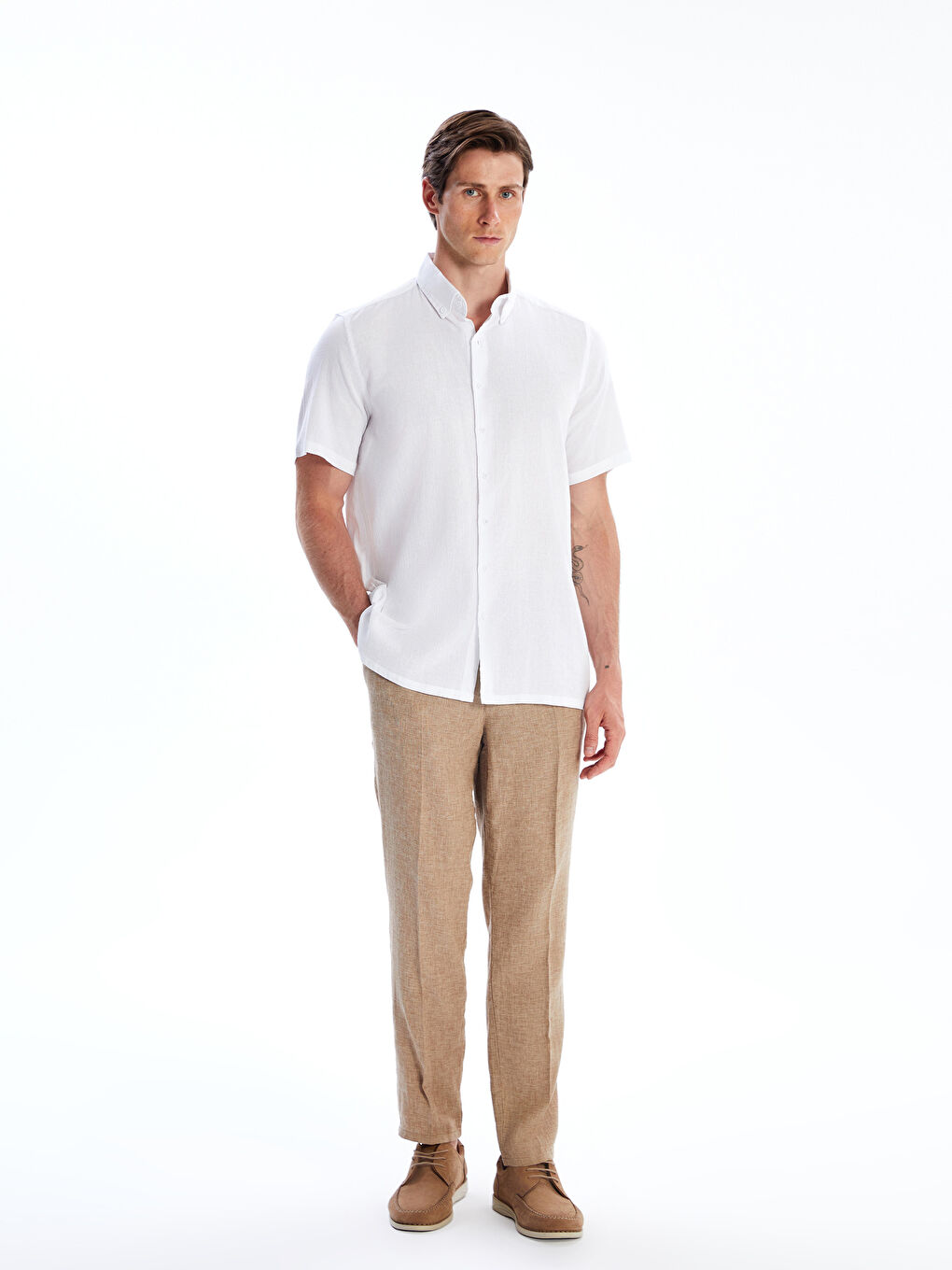 Ekru Regular Fit Kısa Kollu Keten Görünümlü Erkek Gömlek-1