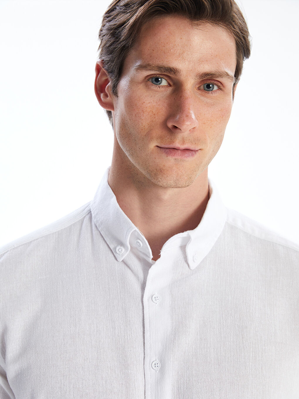 Ekru Regular Fit Kısa Kollu Keten Görünümlü Erkek Gömlek-2