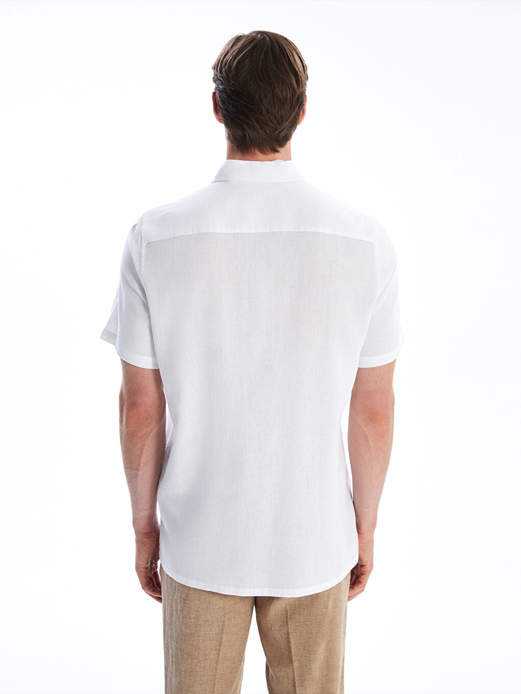 Ekru Regular Fit Kısa Kollu Keten Görünümlü Erkek Gömlek-3