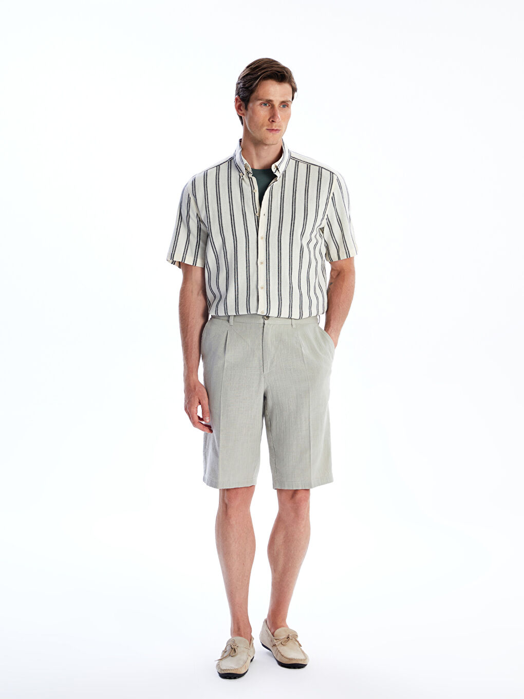 قميص رجالي عادي بكم قصير مخطط ولمسة كتان-1