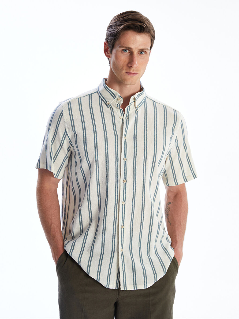 Regular Fit Short Sleeve Striped Linen-Look Men's Shirt
