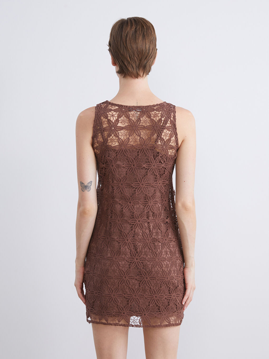 Kahverengi Bisiklet Yaka Dantelli Mini Elbise-3