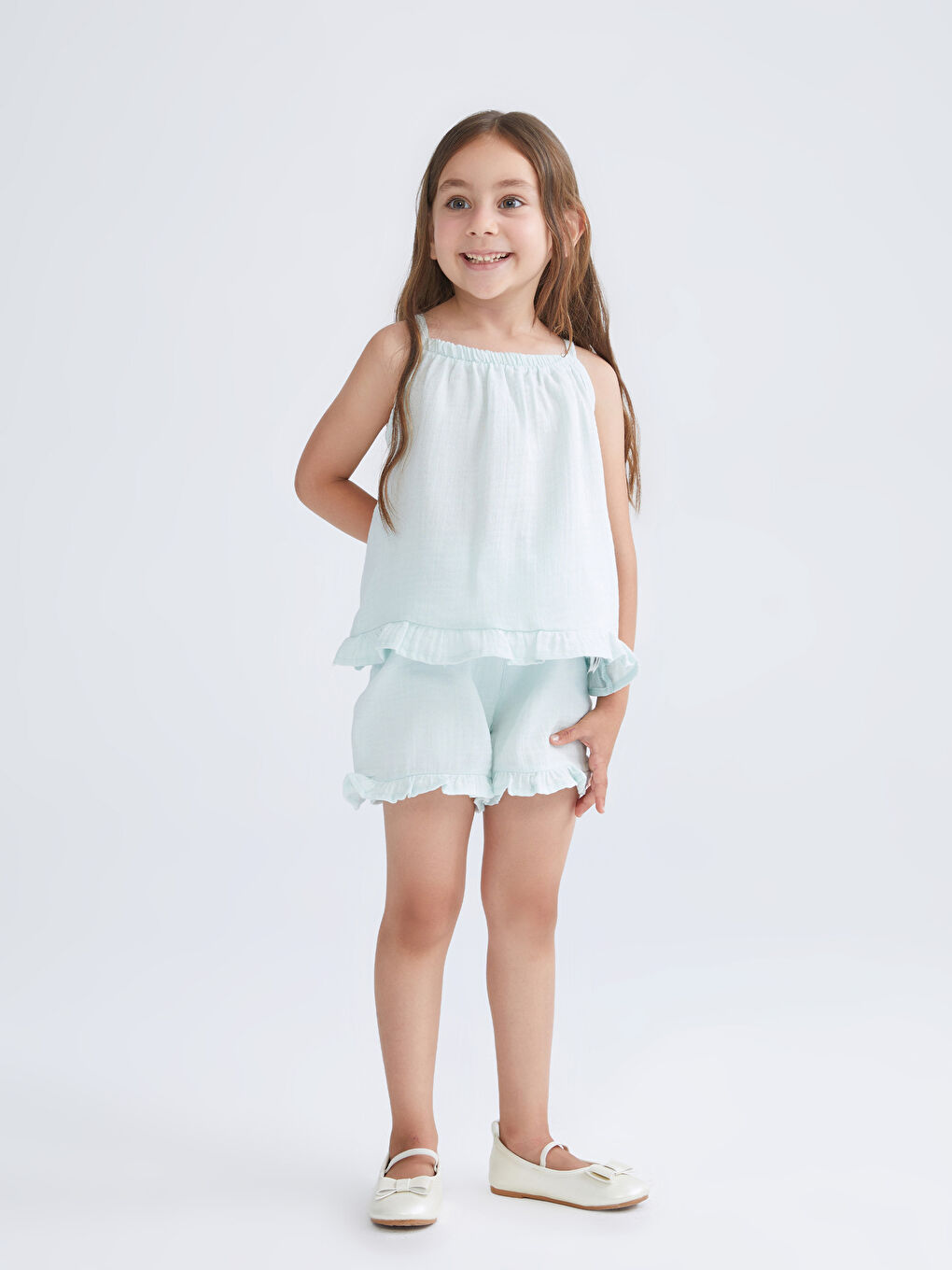 Turkuaz Nakışlı Kız Çocuk Bluz ve Şort 2'li-1