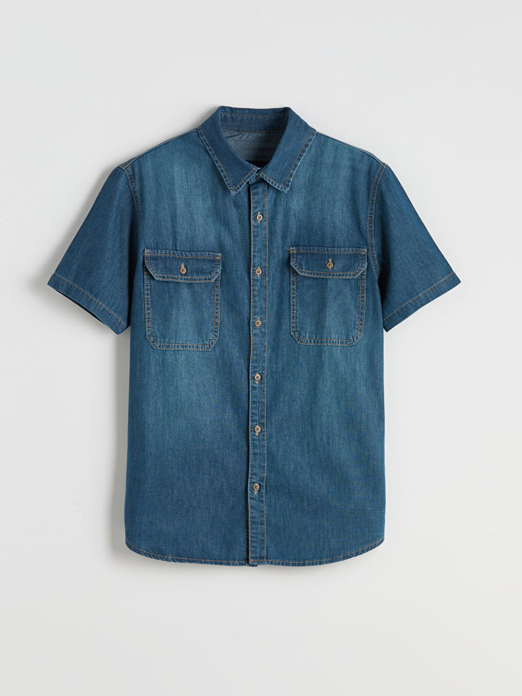 Yeşil Regular Fit Kısa Kollu Erkek Jean Gömlek-4