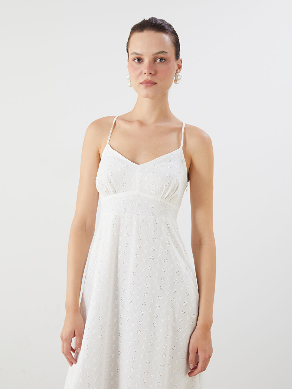 Ekru Ajurlu Askılı Belden Oturtmalı Brode Elbise-1