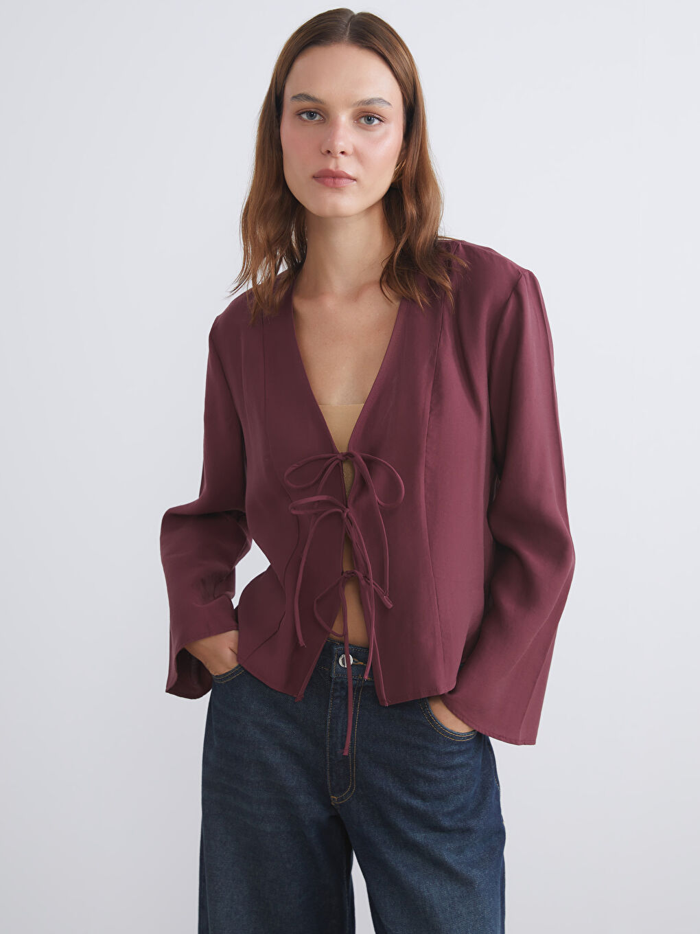 V Neck Modal Blend Tie Blouse