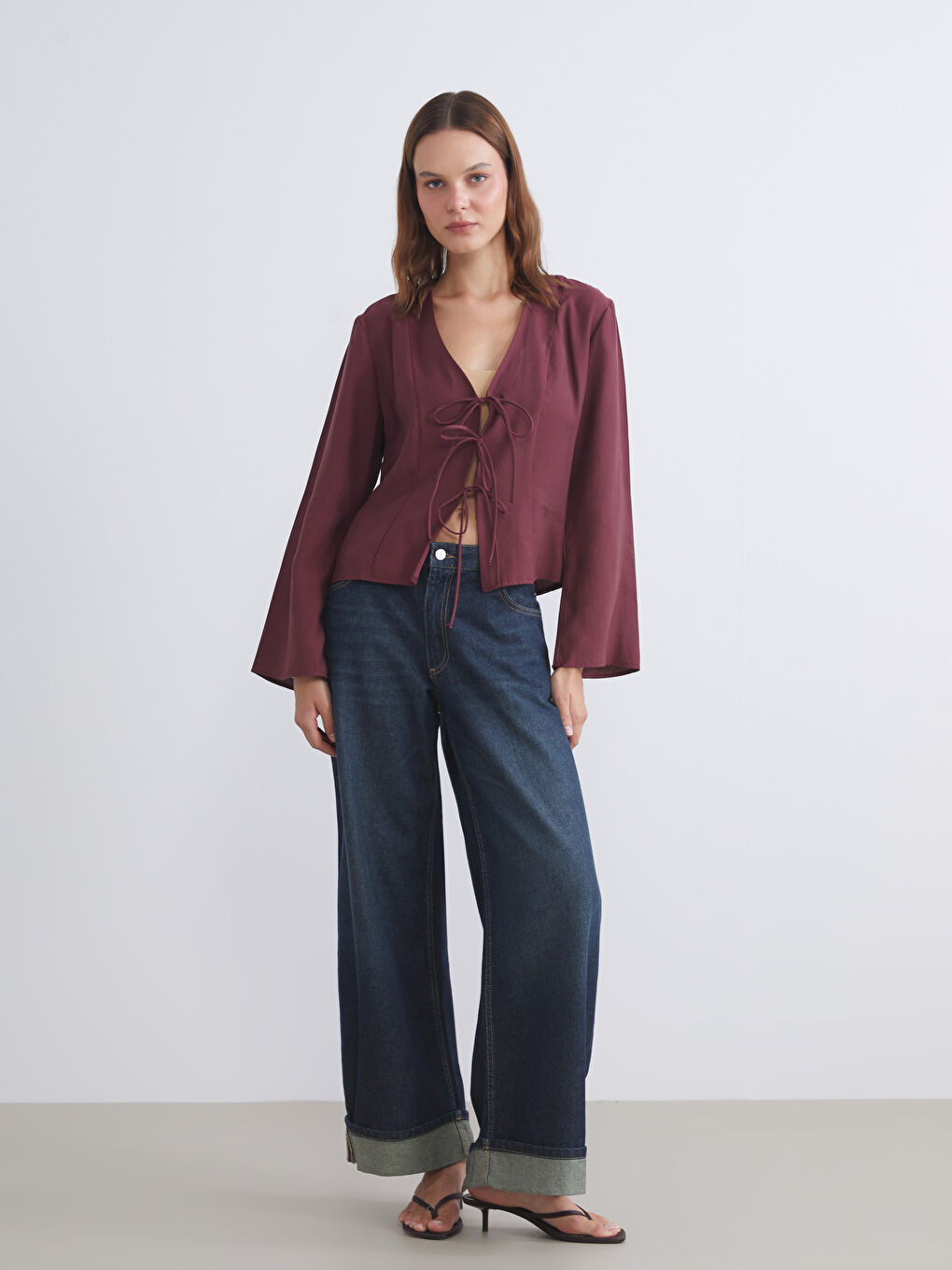 V Neck Modal Blend Tie Blouse-1