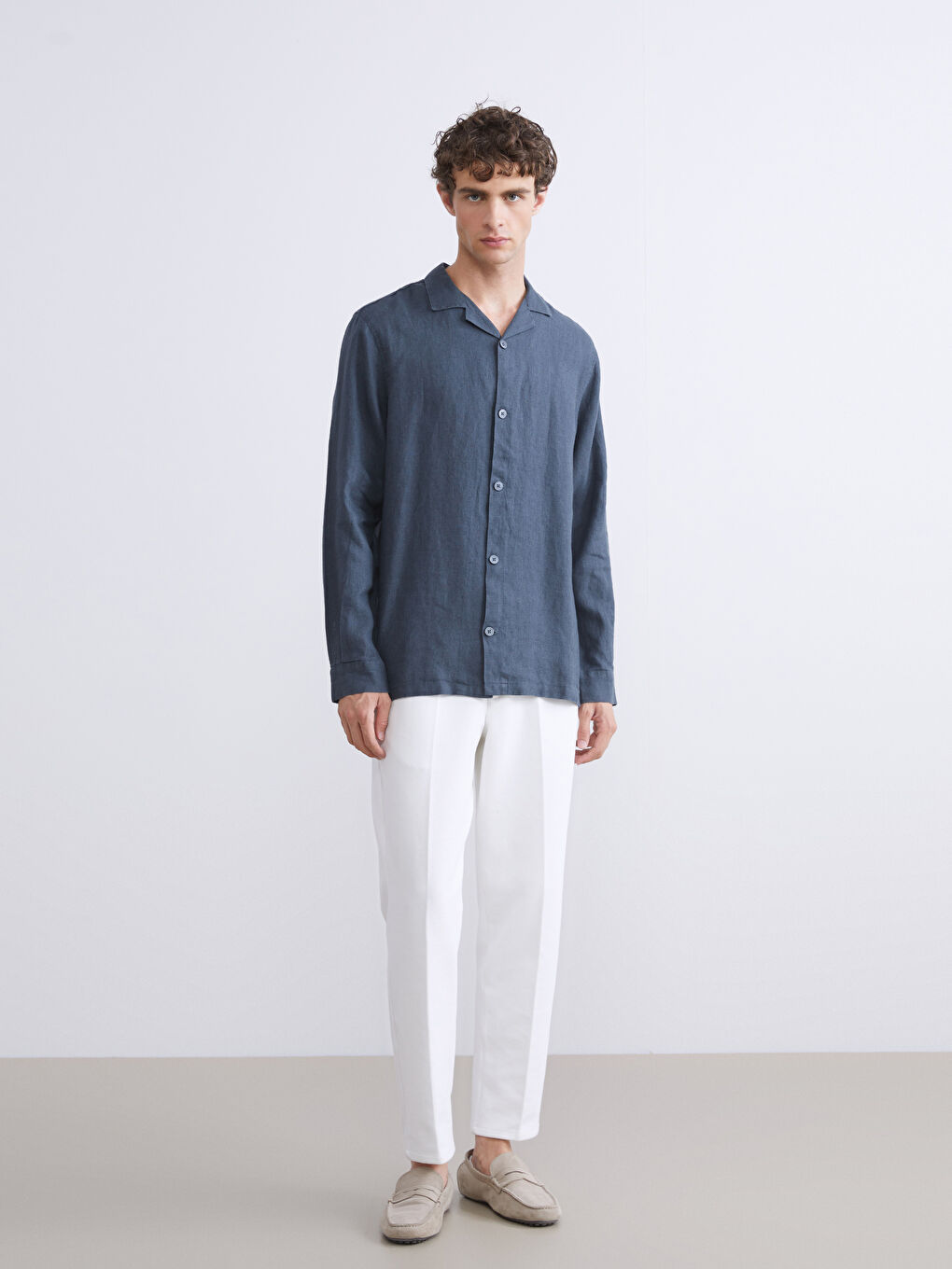 Yeşil Regular Fit Uzun Kollu %100 Keten Erkek Gömlek-1