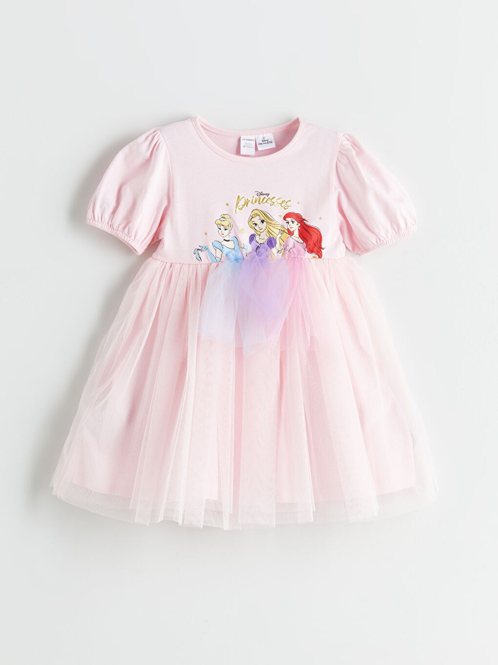 Pembe Cinderella Aurora ve Ariel Baskılı Kız Çocuk Elbise