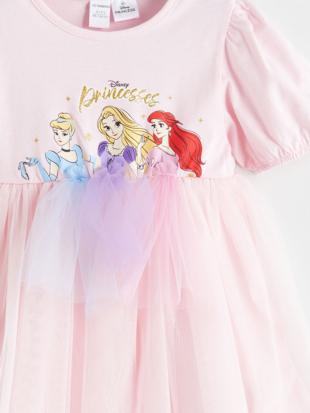 Pembe Cinderella Aurora ve Ariel Baskılı Kız Çocuk Elbise-2