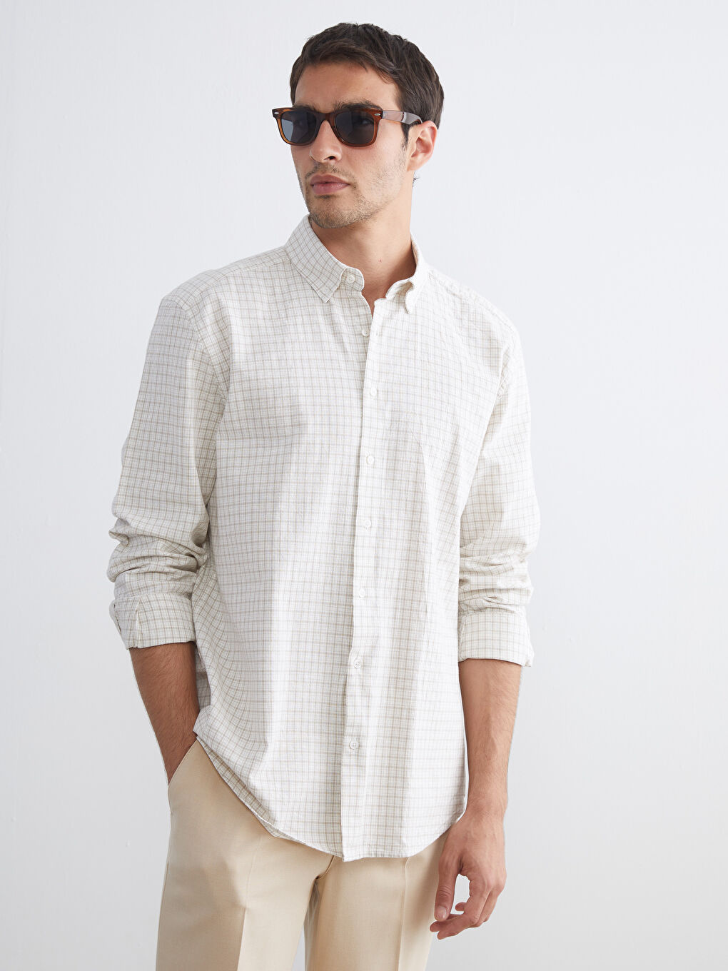 Gri Regular Fit Uzun Kollu Ekose Keten Karışımlı Erkek Gömlek