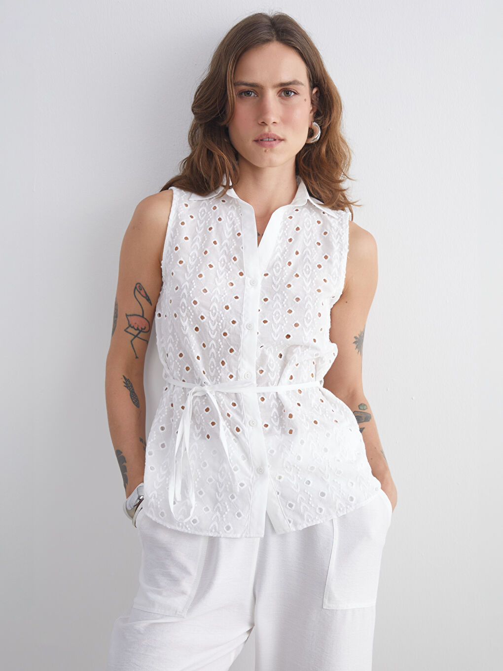 Ekru Ajurlu Brode Kadın Gömlek