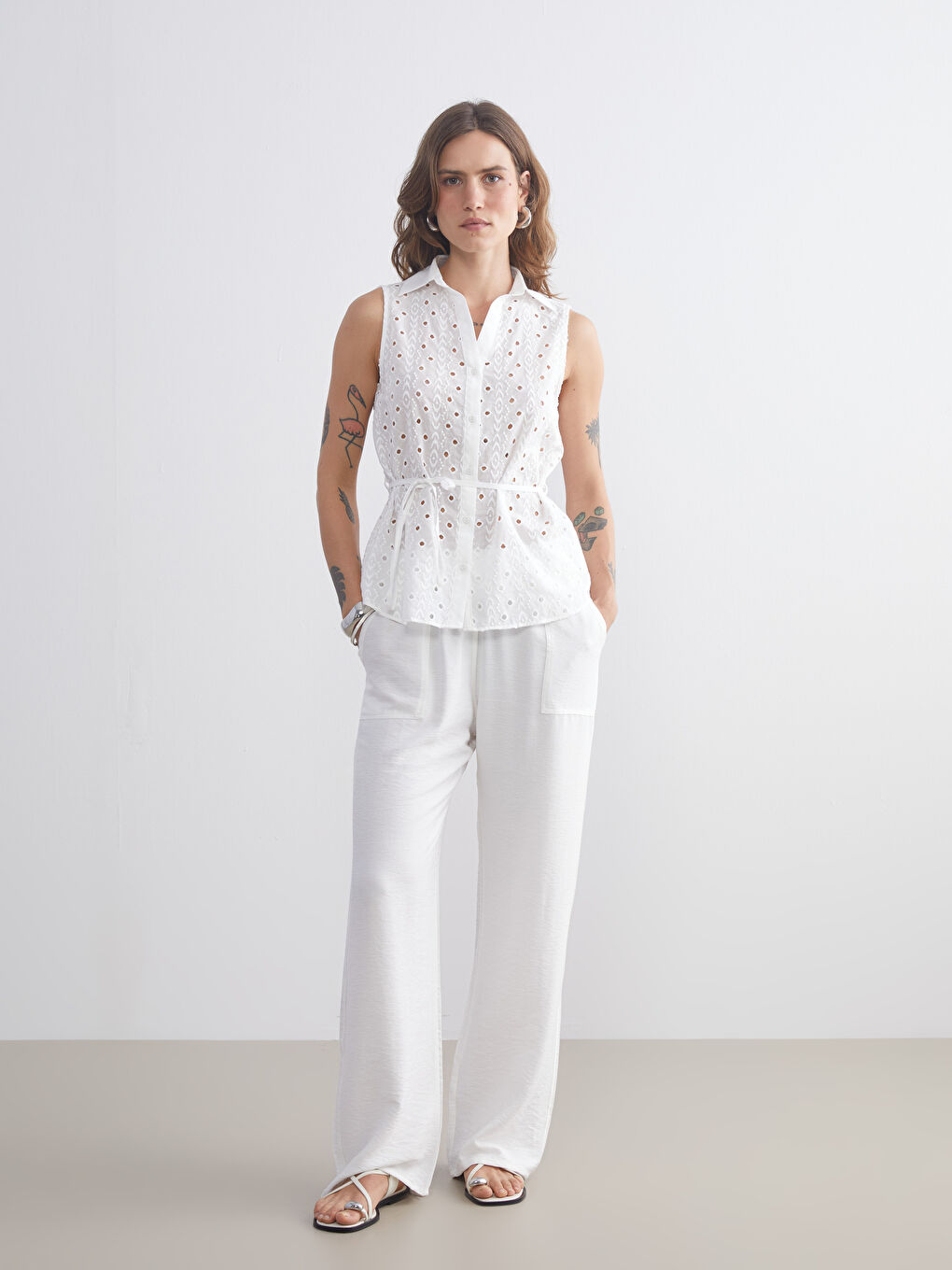 Ekru Ajurlu Brode Kadın Gömlek-1