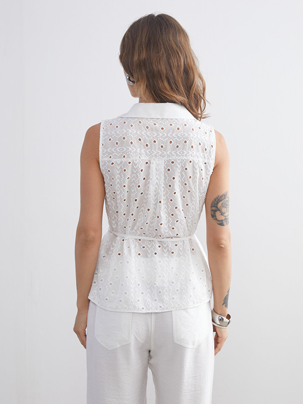 Ekru Ajurlu Brode Kadın Gömlek-3