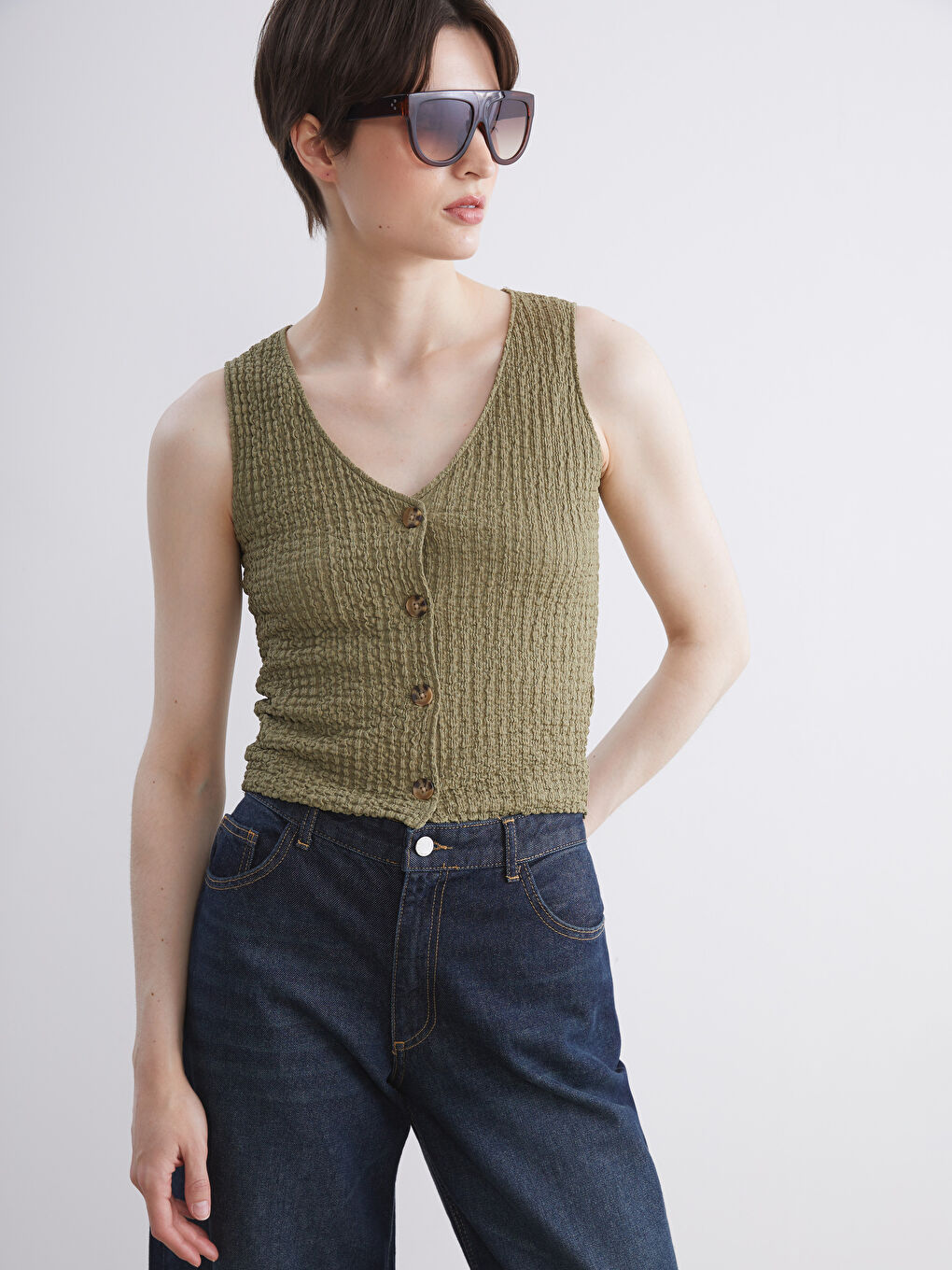 LCW Vision V Neck Textured Women's Waistcoat -S5RY03Z8-GVK