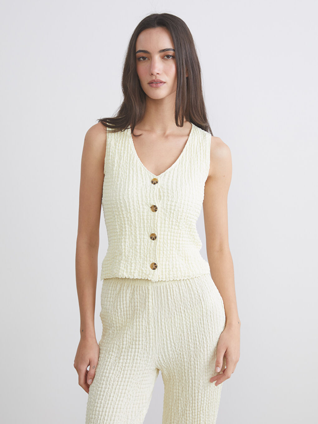 Gilet Texturé à Encolure en V pour Femmes-1