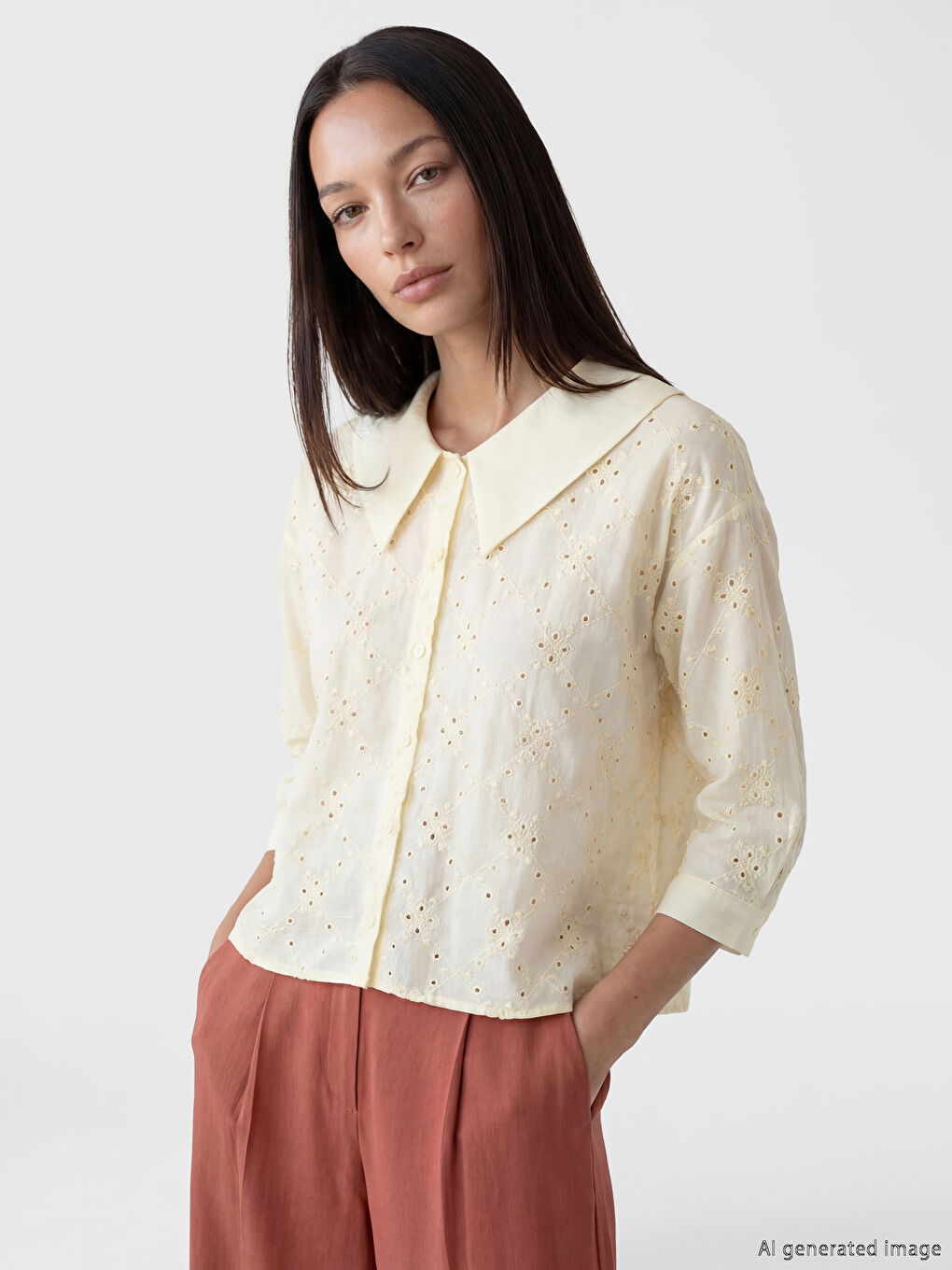 Peter Pan Collar Hole-Knitted Broderie Women's Shirt-1