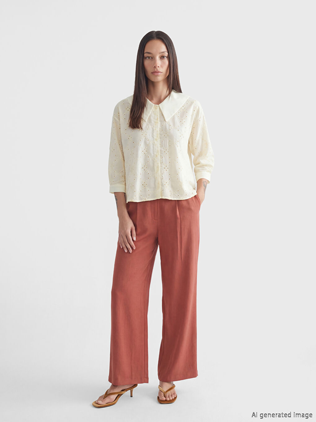 Peter Pan Collar Hole-Knitted Broderie Women's Shirt-2