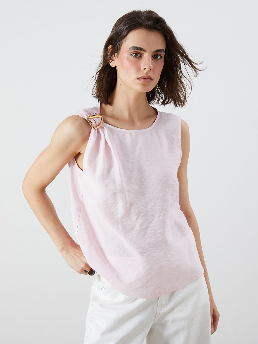 Pembe Bisiklet Yaka Büzgülü Modal Karışımlı Bluz