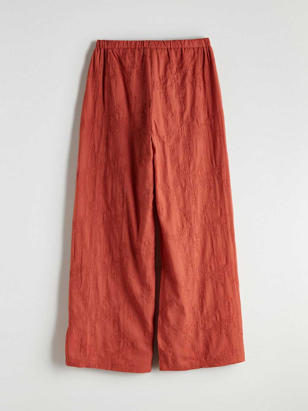 Turuncu Beli Lastikli Nakışlı Geniş Paça Kadın Pantolon-5