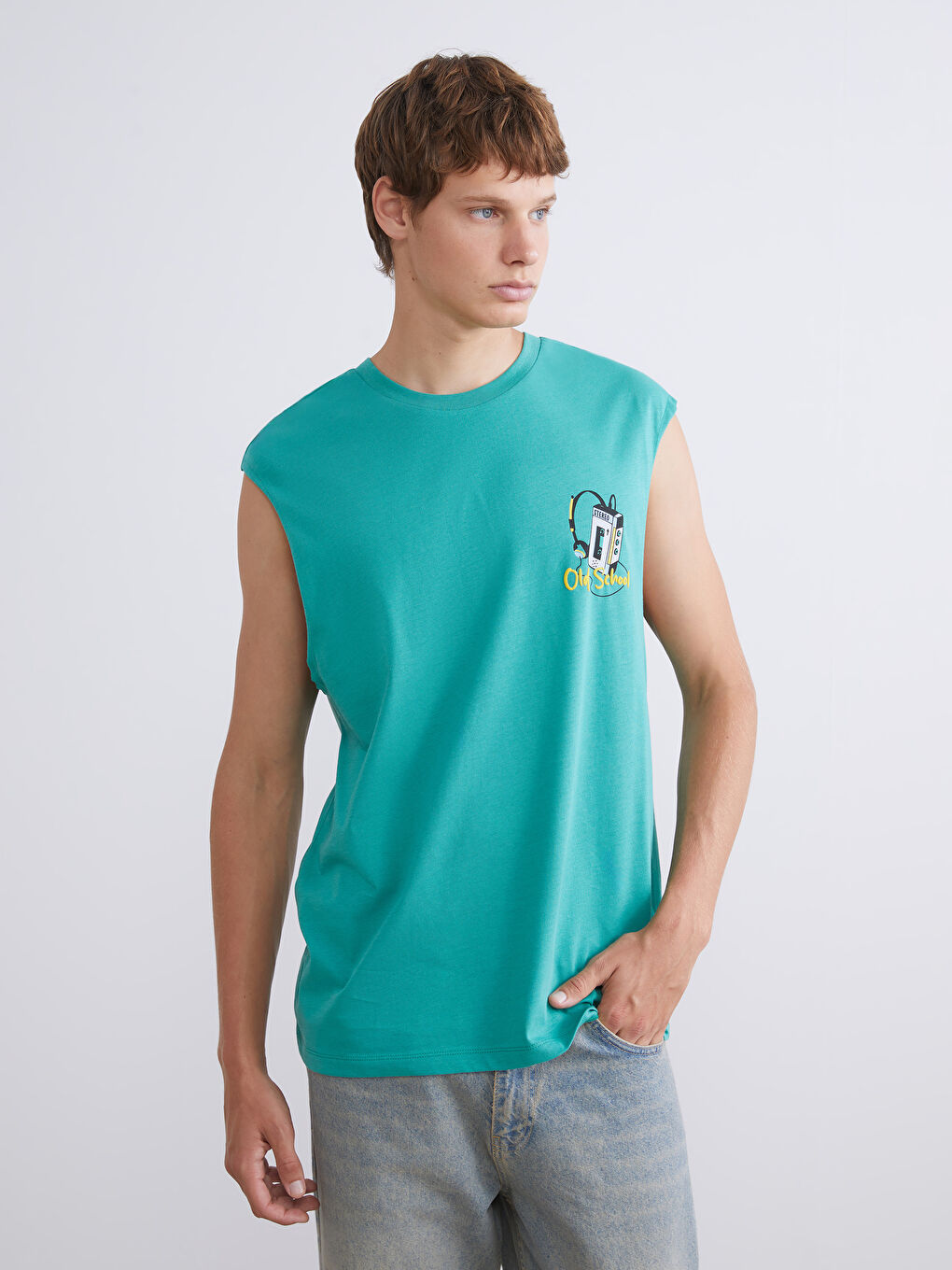 Yeşil Bisiklet Yaka Baskılı Erkek Kolsuz Tişört