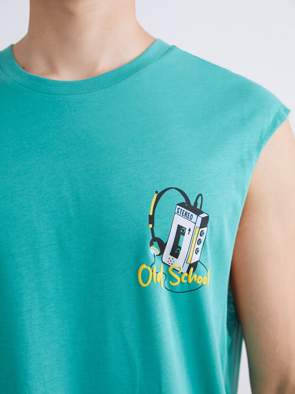 Yeşil Bisiklet Yaka Baskılı Erkek Kolsuz Tişört-2