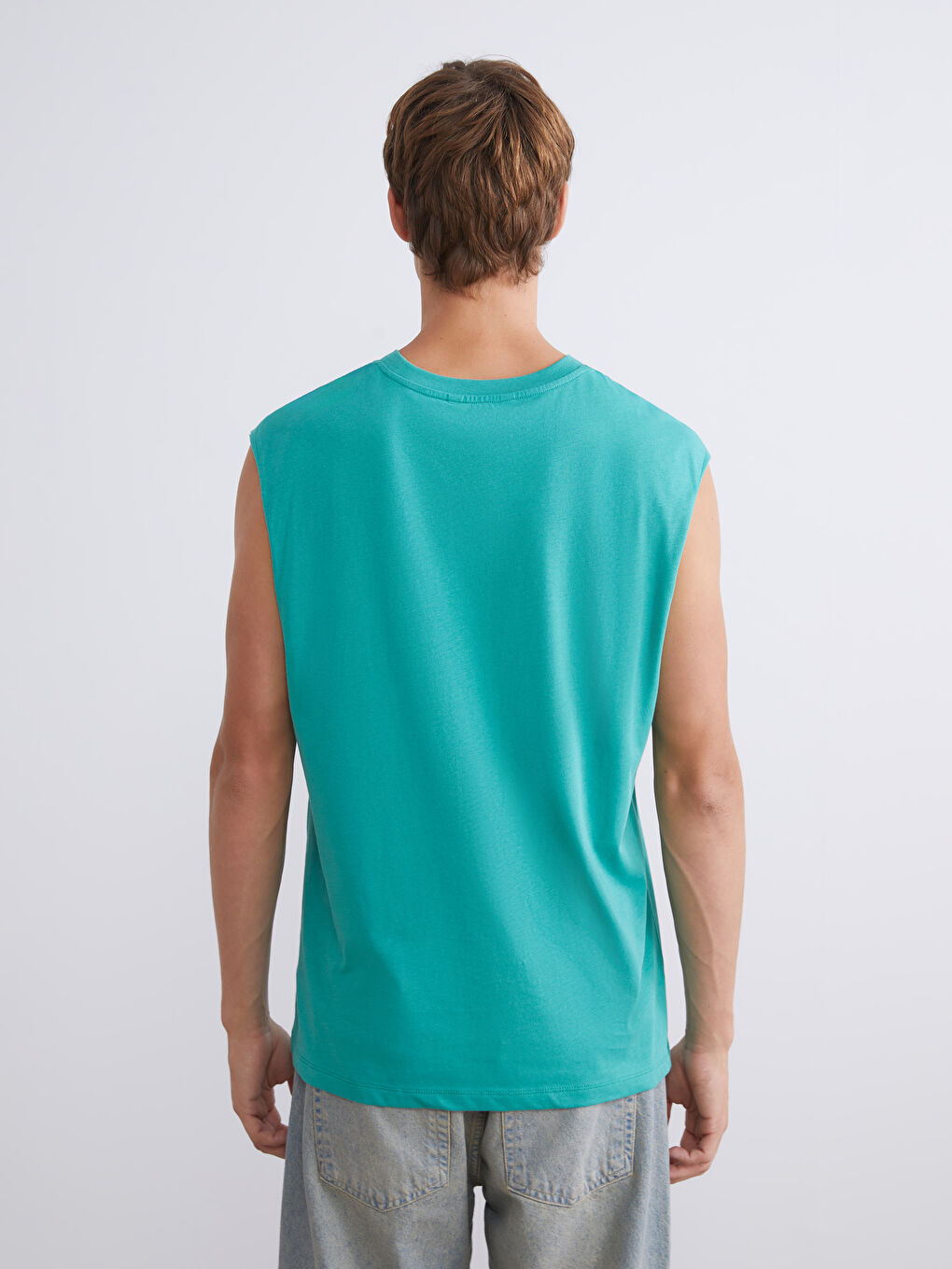 Yeşil Bisiklet Yaka Baskılı Erkek Kolsuz Tişört-3