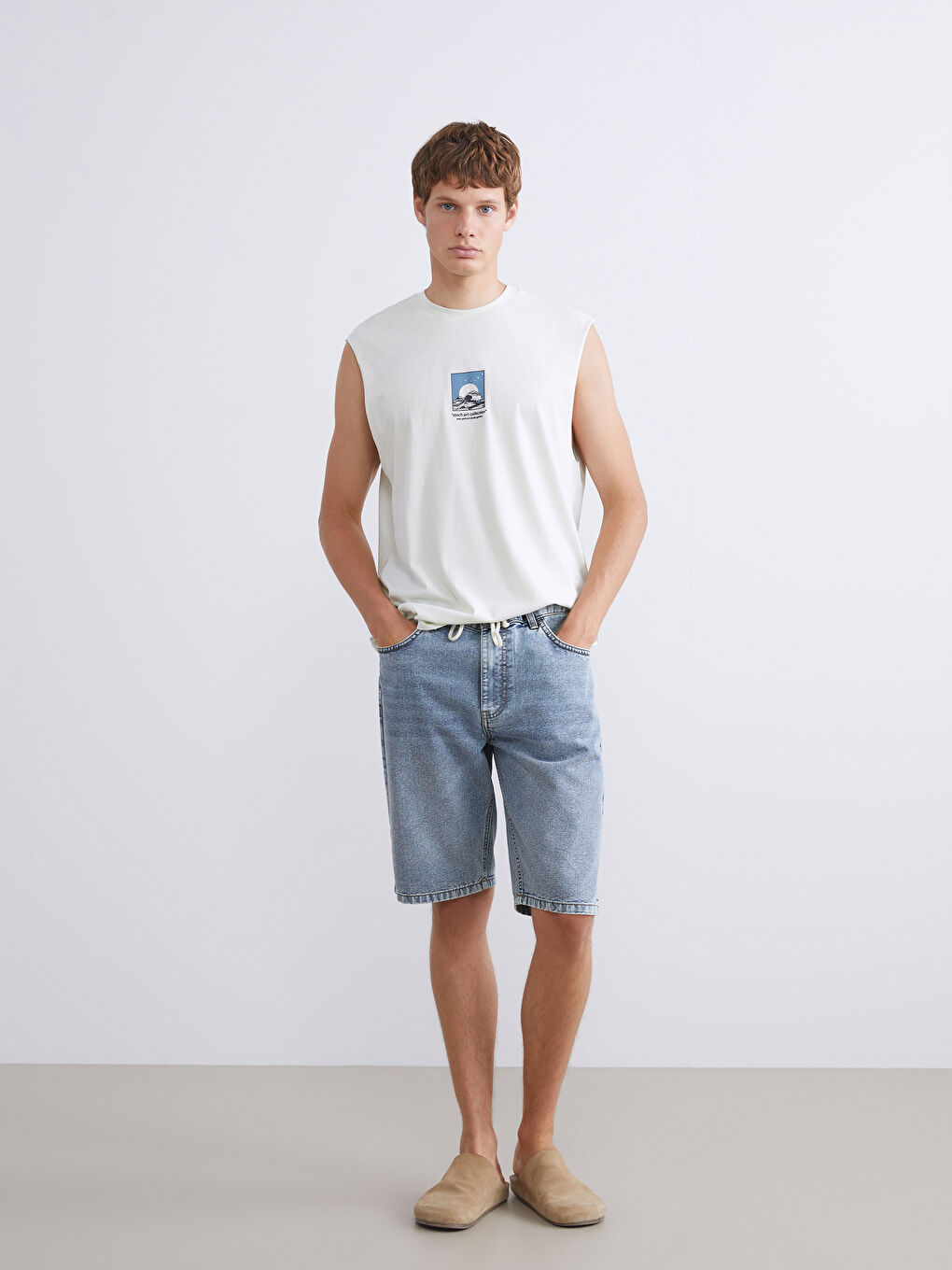 Yeşil Bisiklet Yaka Baskılı Penye Erkek Kolsuz Tişört-1