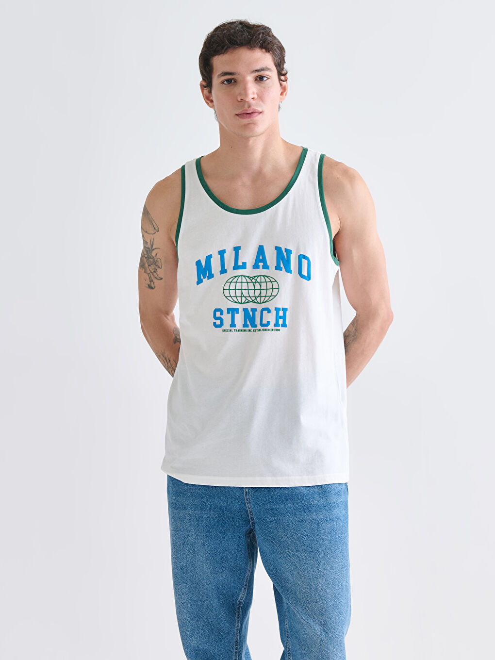 Ekru Bisiklet Yaka Baskılı Erkek Kolsuz Tişört