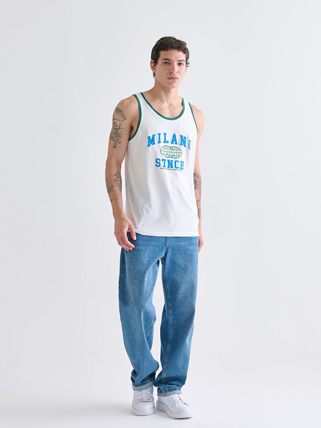 Ekru Bisiklet Yaka Baskılı Erkek Kolsuz Tişört-1