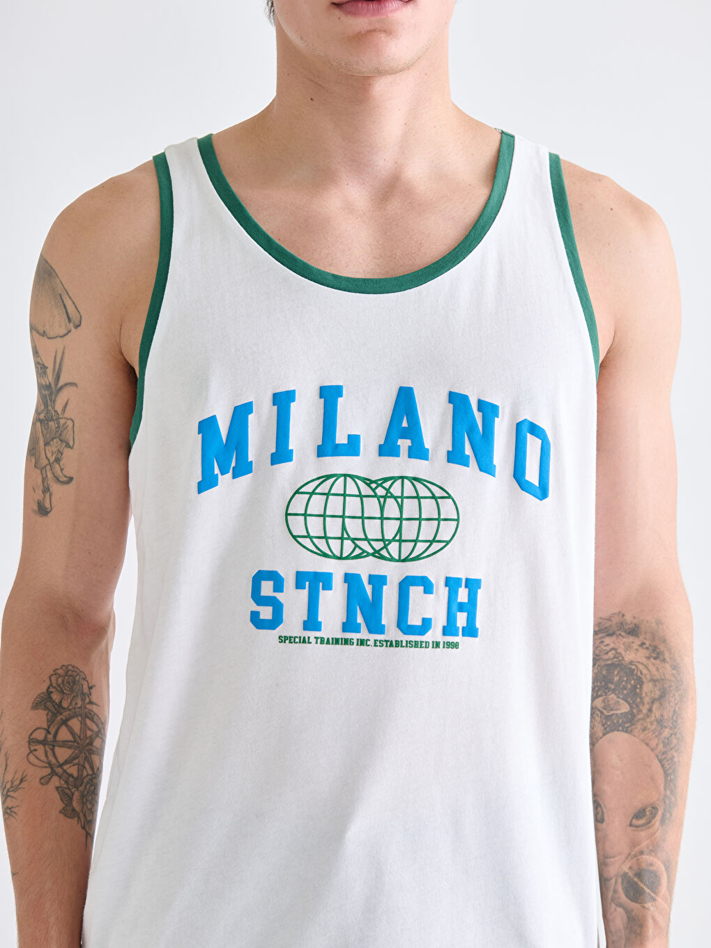 Ekru Bisiklet Yaka Baskılı Erkek Kolsuz Tişört-2