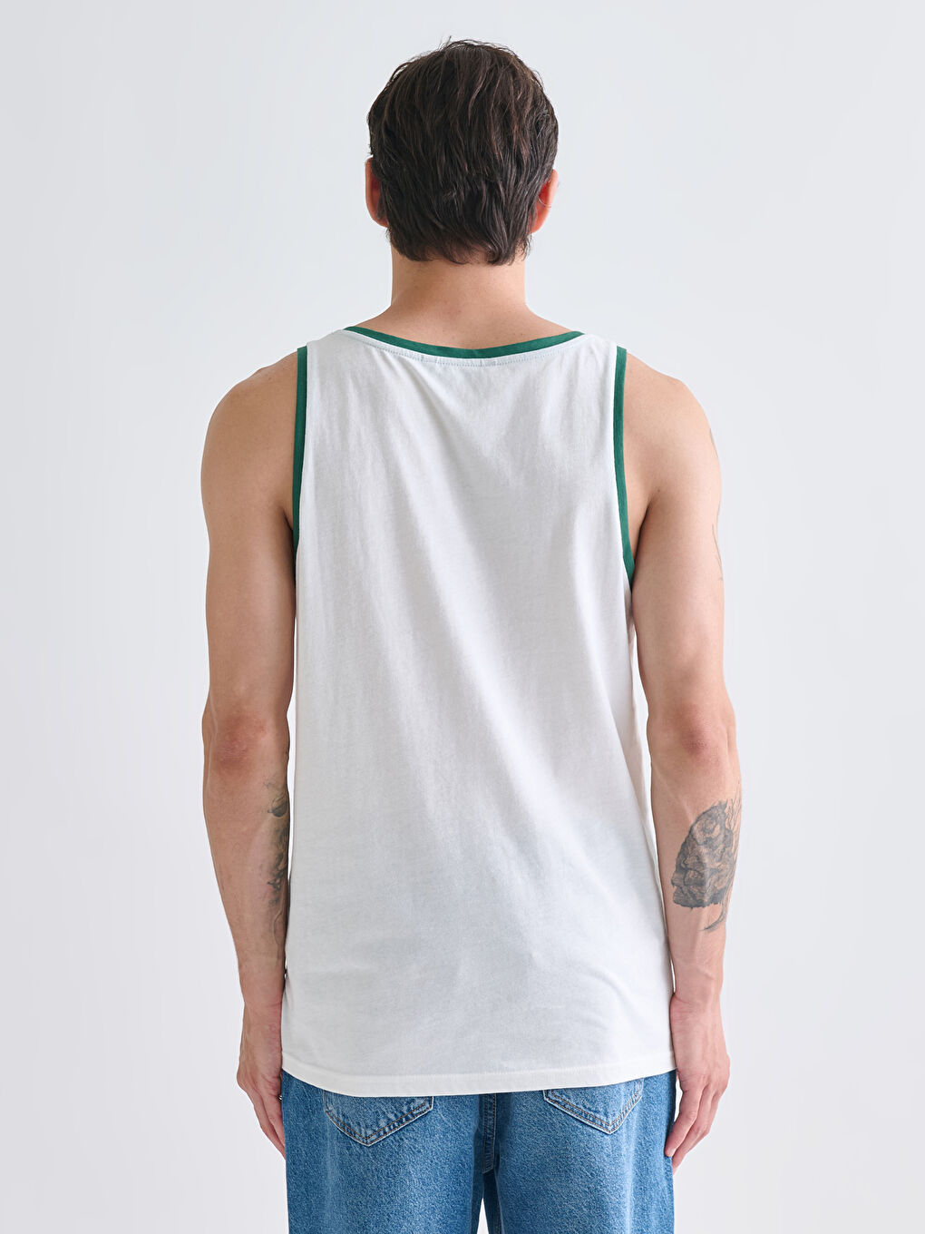 Ekru Bisiklet Yaka Baskılı Erkek Kolsuz Tişört-3