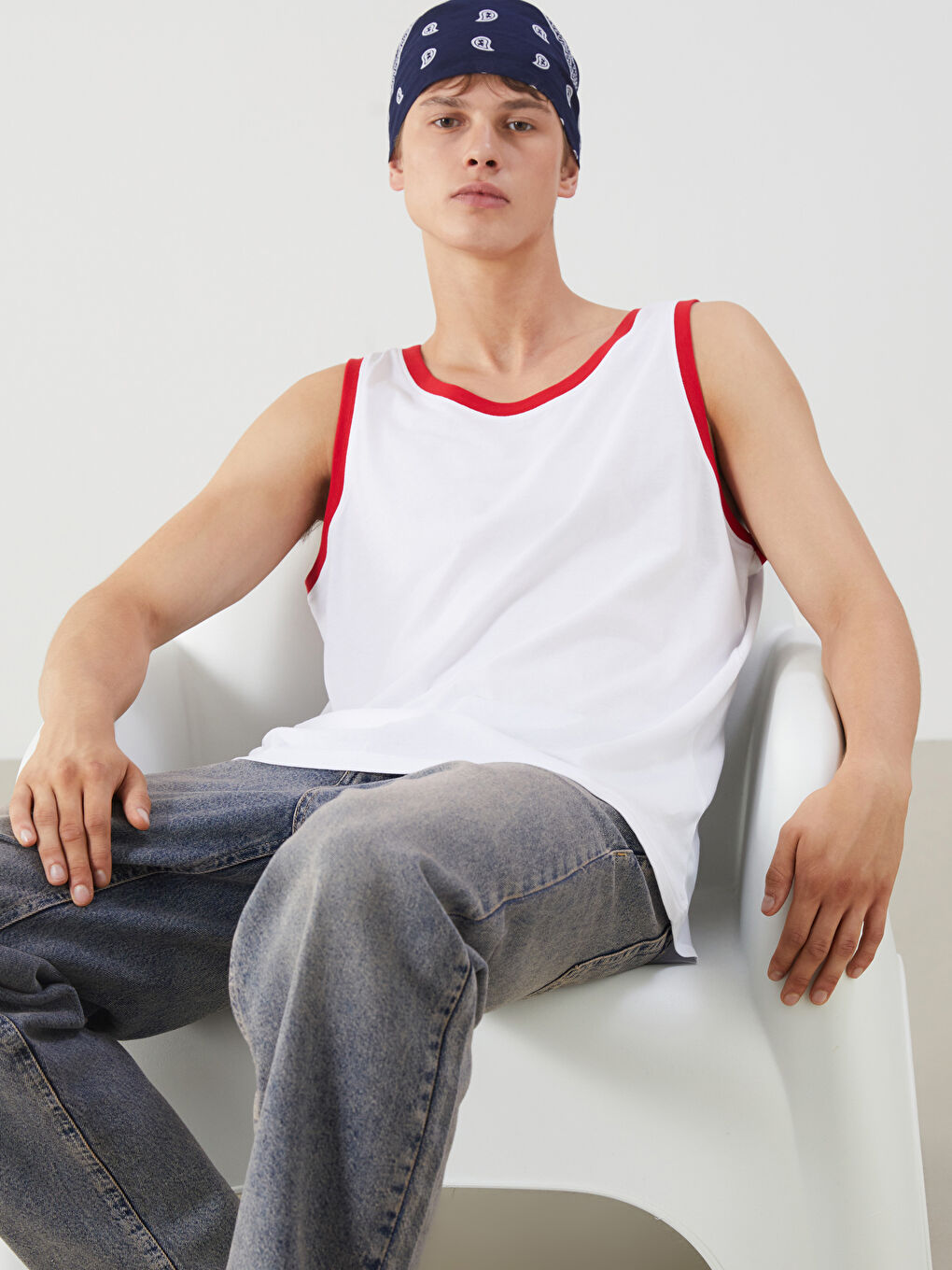 Ekru Bisiklet Yaka Erkek Kolsuz Tişört