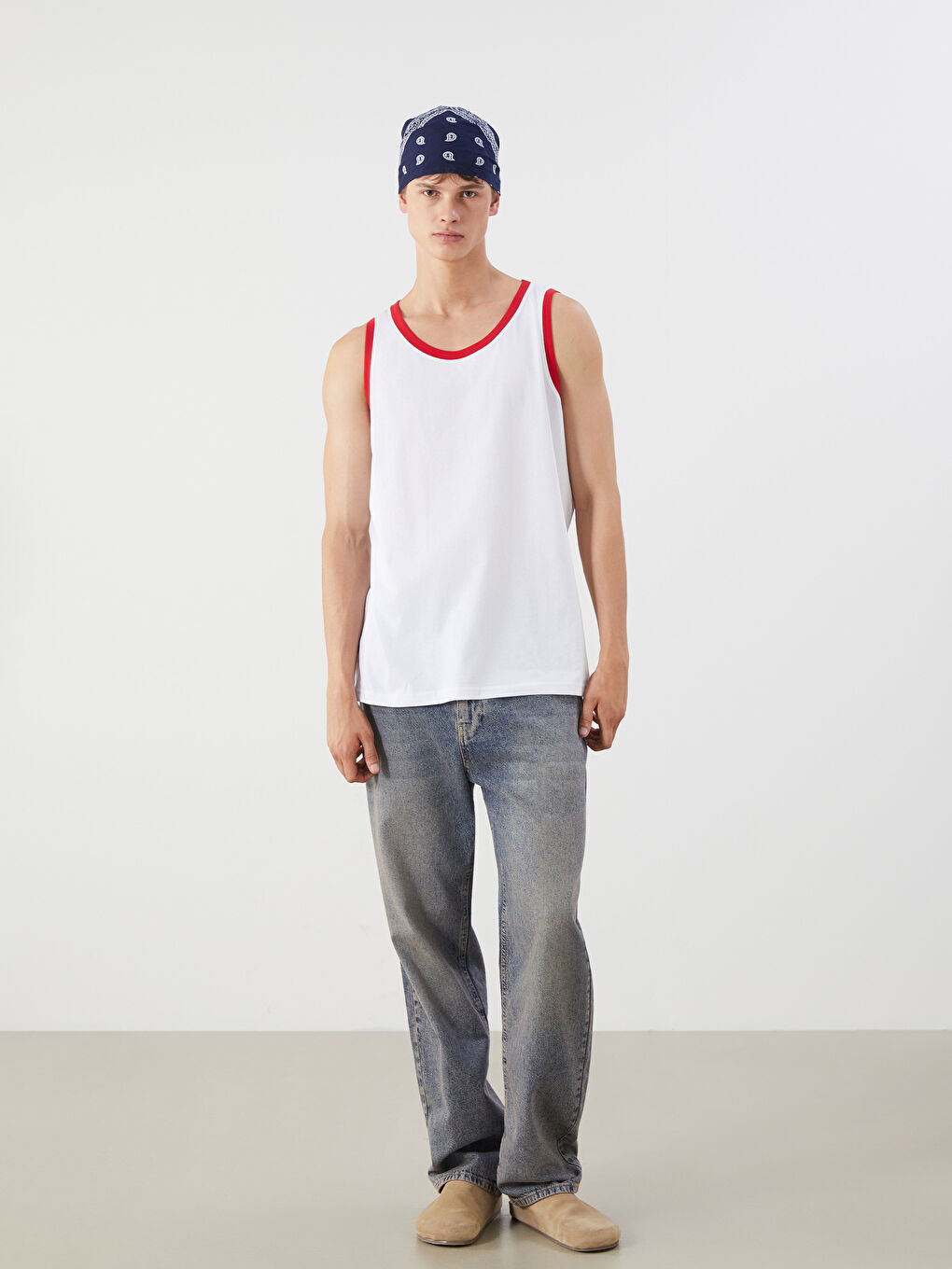 Ekru Bisiklet Yaka Erkek Kolsuz Tişört-1