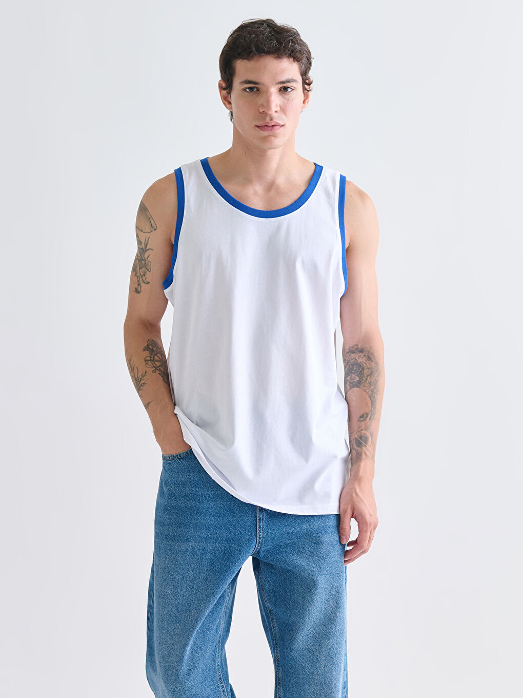 Ekru Bisiklet Yaka Erkek Kolsuz Tişört