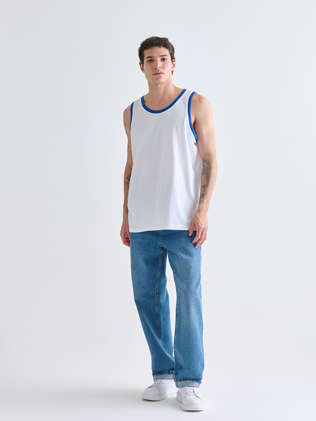 Ekru Bisiklet Yaka Erkek Kolsuz Tişört-1