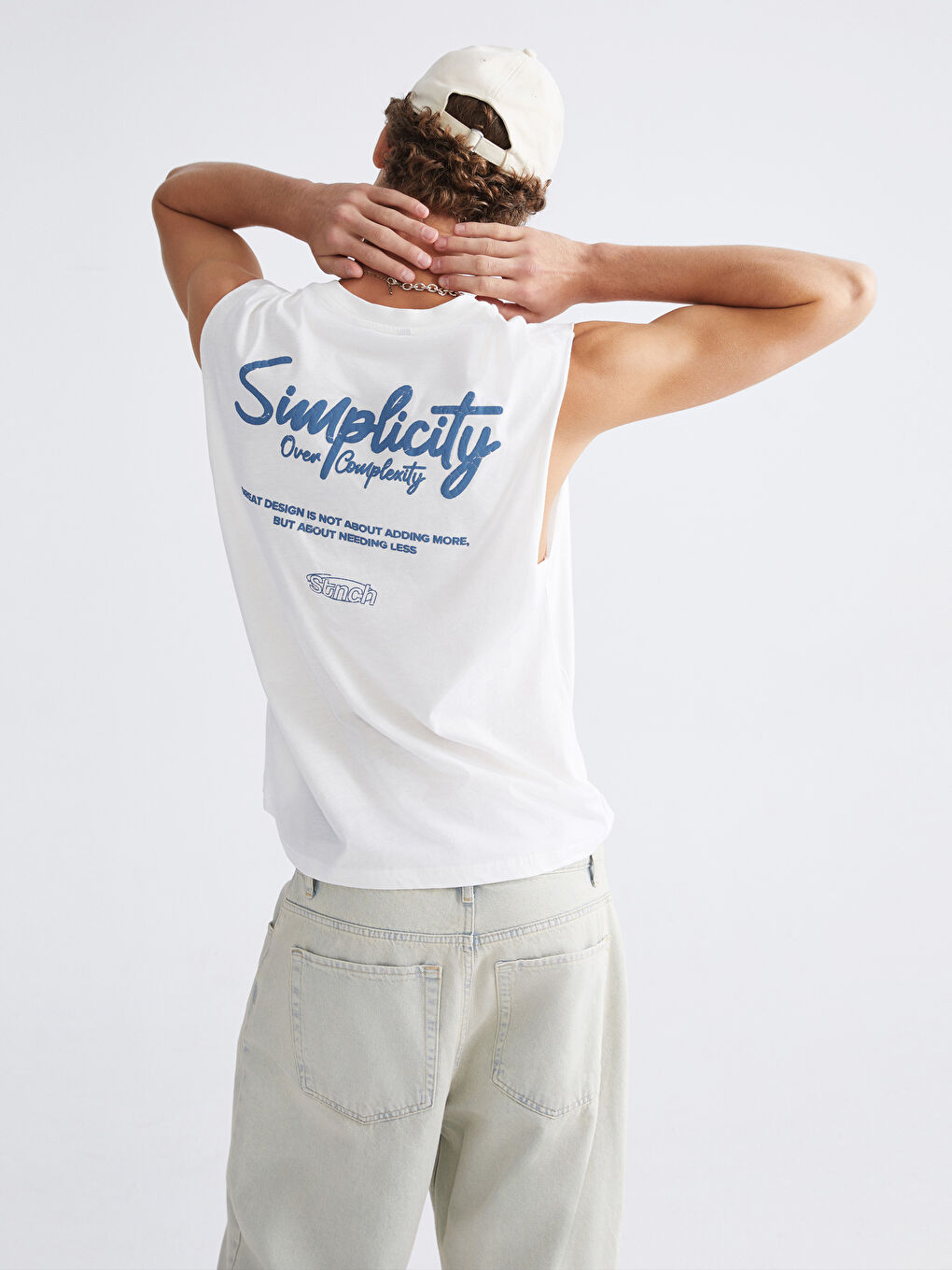 Ekru Bisiklet Yaka Baskılı Erkek Kolsuz Tişört