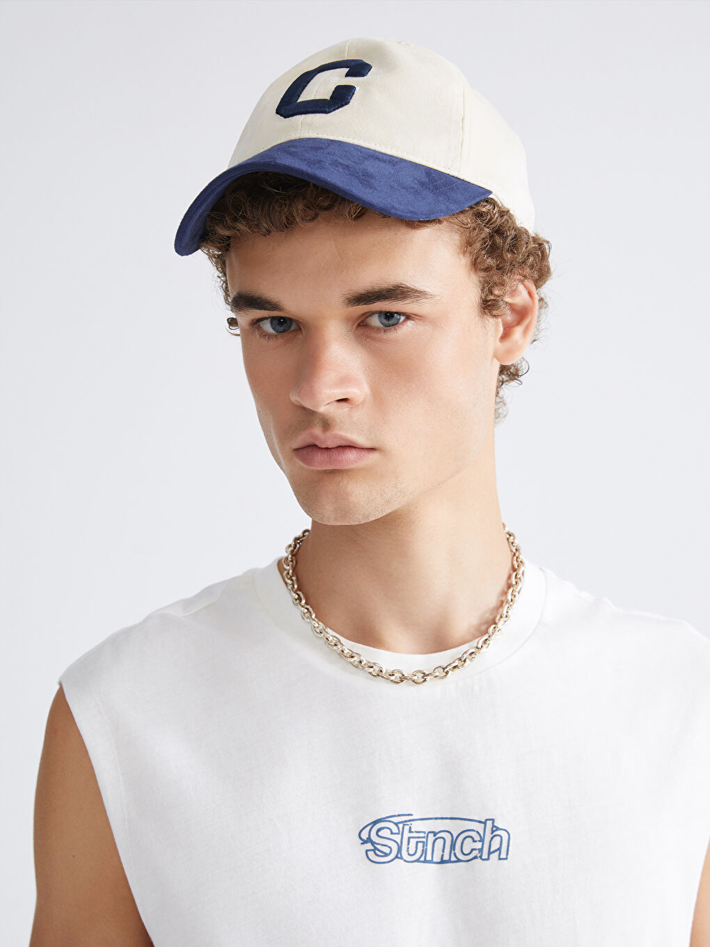 Ekru Bisiklet Yaka Baskılı Erkek Kolsuz Tişört-1