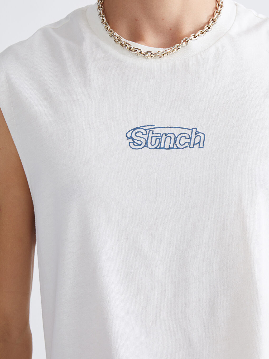 Ekru Bisiklet Yaka Baskılı Erkek Kolsuz Tişört-2