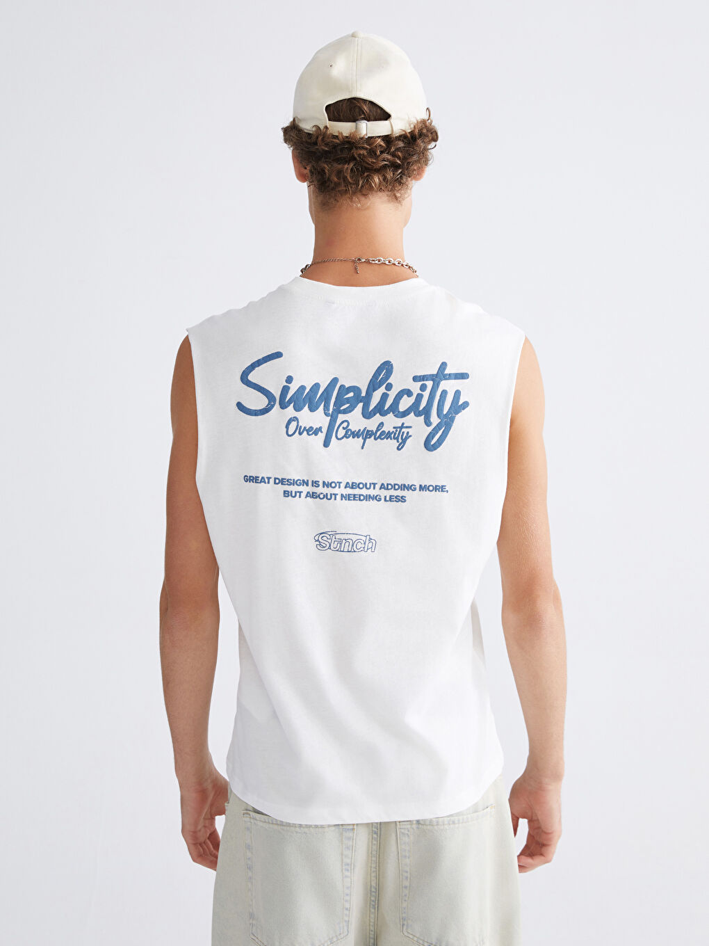 Ekru Bisiklet Yaka Baskılı Erkek Kolsuz Tişört-3