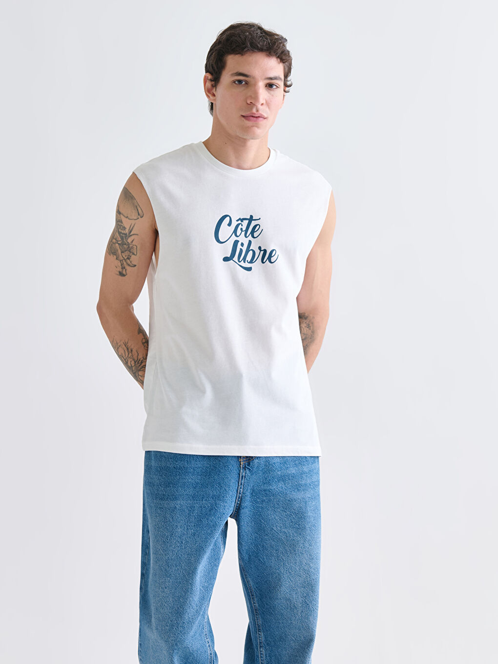 Ekru Bisiklet Yaka Baskılı Penye Erkek Kolsuz Tişört