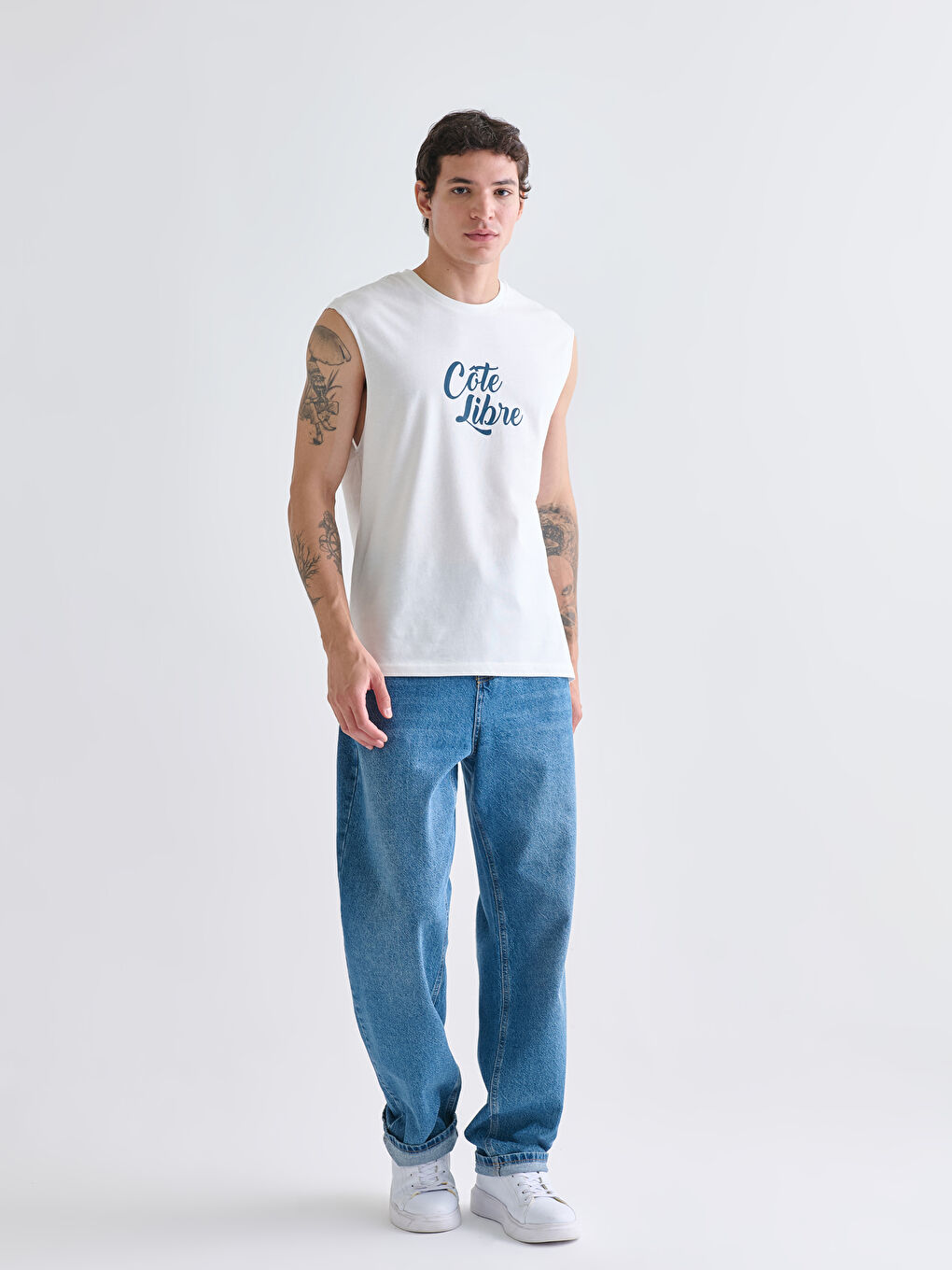 Ekru Bisiklet Yaka Baskılı Penye Erkek Kolsuz Tişört-1