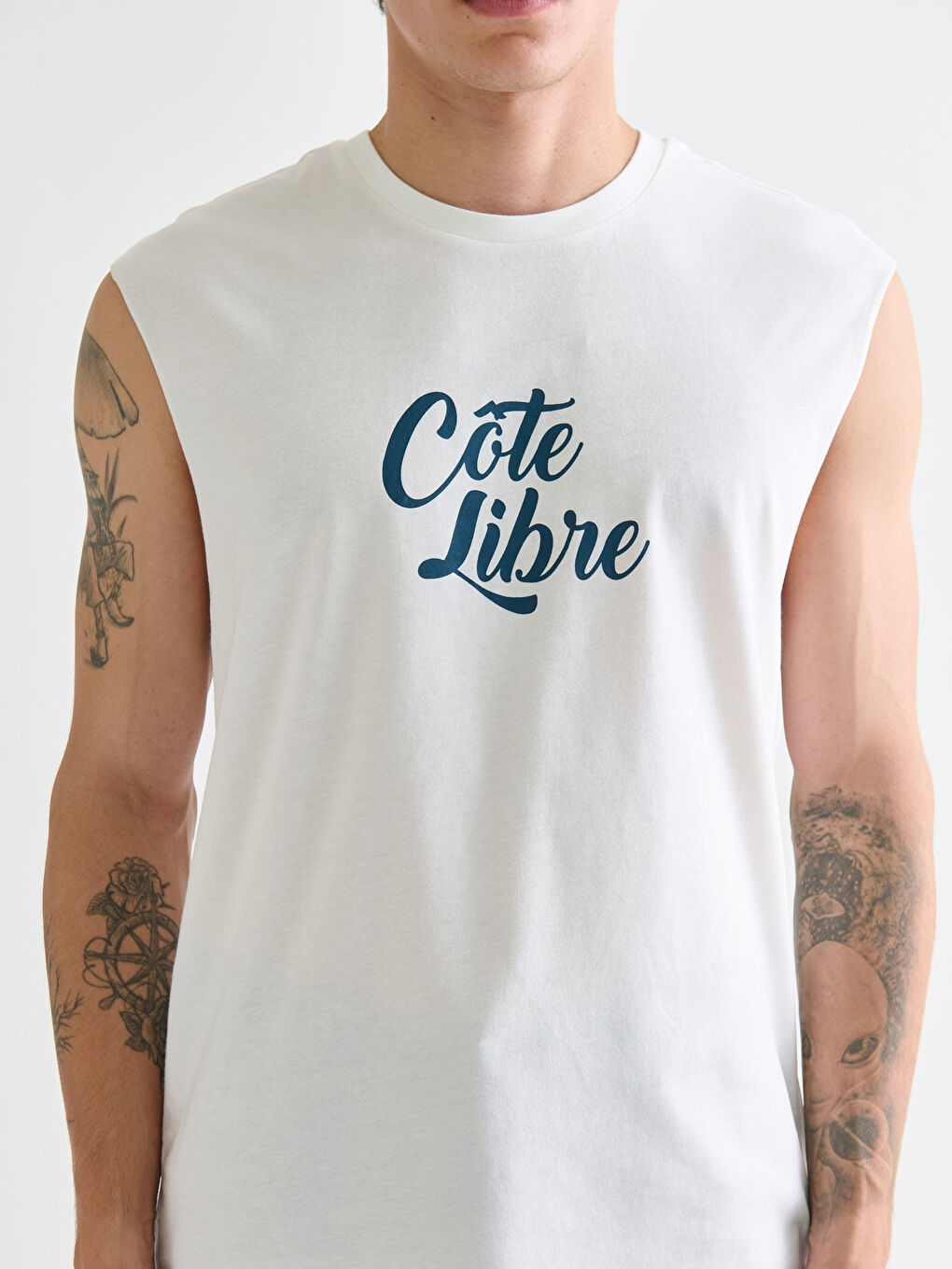 Ekru Bisiklet Yaka Baskılı Penye Erkek Kolsuz Tişört-2