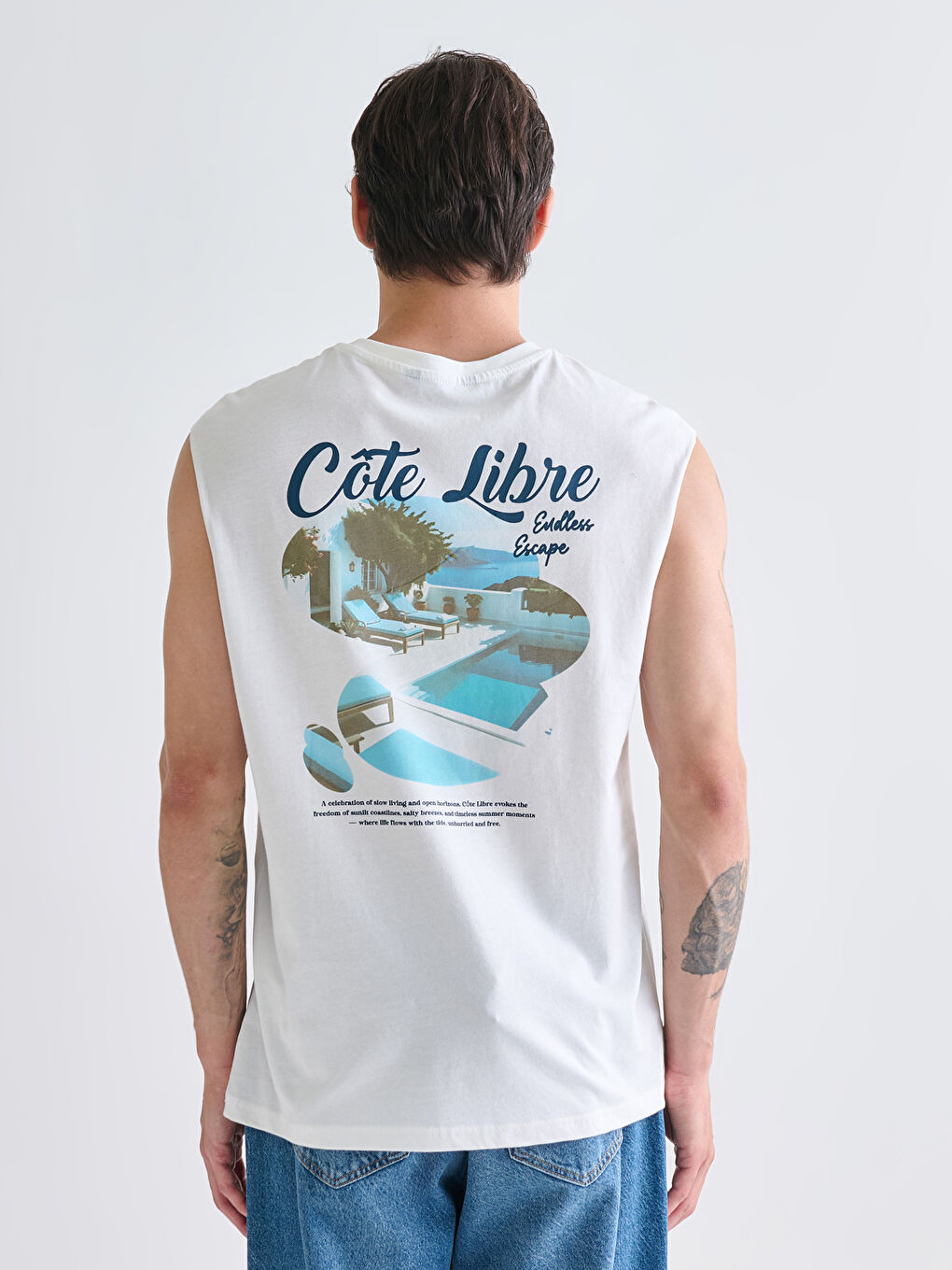 Ekru Bisiklet Yaka Baskılı Penye Erkek Kolsuz Tişört-3